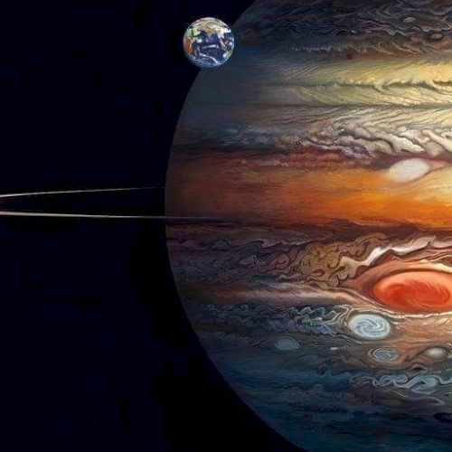A stylized illustration of Jupiter with its Great Red Spot, a small depiction of Earth, and spacecraft in space.