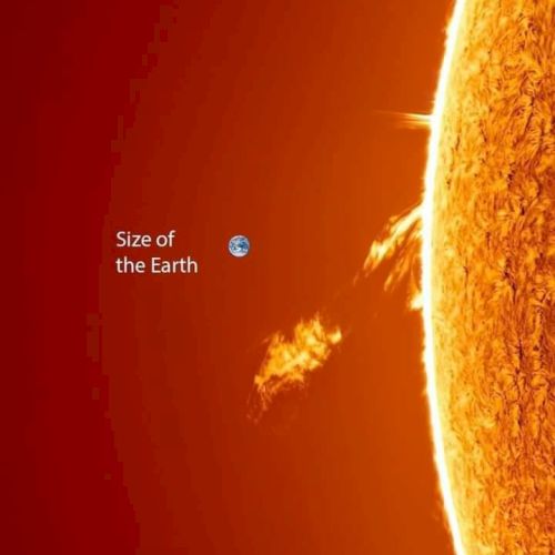An image comparing the size of Earth with part of the Sun, showing Earth's scale relative to solar features.