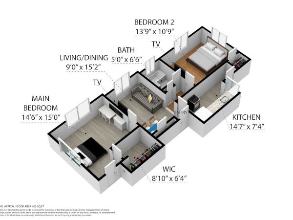 The image is a 3D floor plan of an apartment featuring two bedrooms, a kitchen, living/dining area, bath, and walk-in closet.