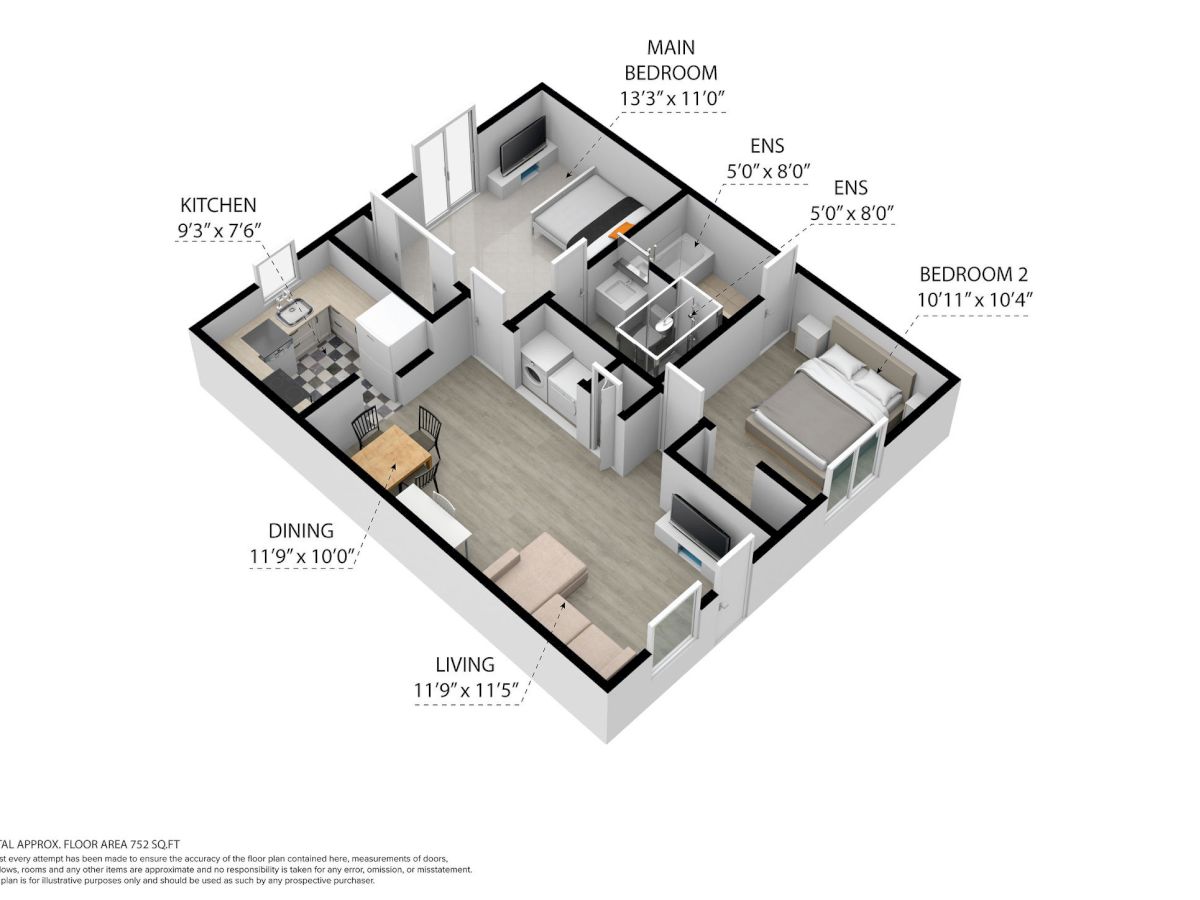 A 3D floor plan of an apartment showing a kitchen, living room, bathroom, and two bedrooms with labeled dimensions.