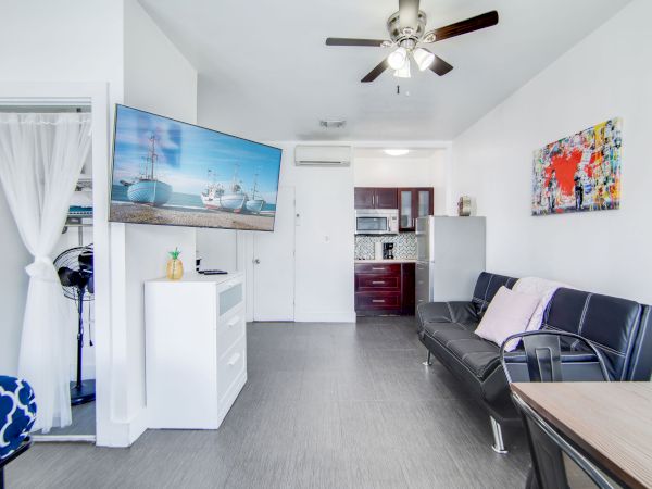 This image shows a modern living space with a sofa, TV, kitchenette, ceiling fan, and wall art. The room is bright and minimalist.