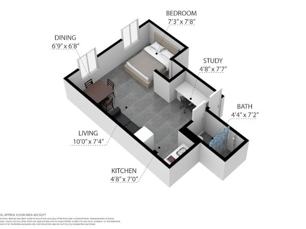 The image shows a 3D floor plan with labeled areas: living, kitchen, dining, bedroom, study, and bath, with dimensions given.