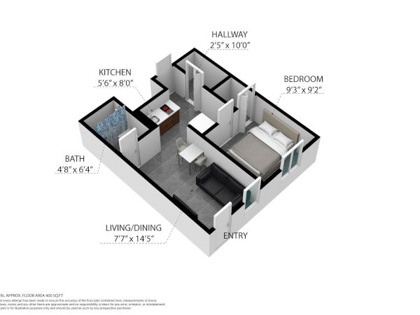 This image shows a 3D floor plan of a small apartment with labeled areas: kitchen, bath, living/dining, hallway, bedroom, and entry.