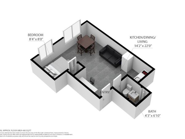 This is a 3D floor plan showing a one-bedroom apartment with a kitchen/dining/living area and a bath.