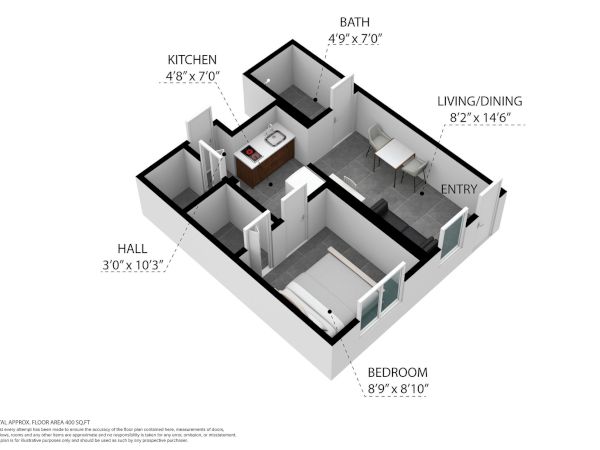This image shows a 3D floor plan with labeled rooms: kitchen, bath, hall, living/dining, and bedroom.