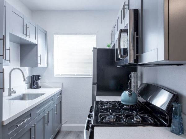 A compact kitchen with blue-gray cabinets, a stovetop, oven, sink, and countertop appliances. Light filters through a window.