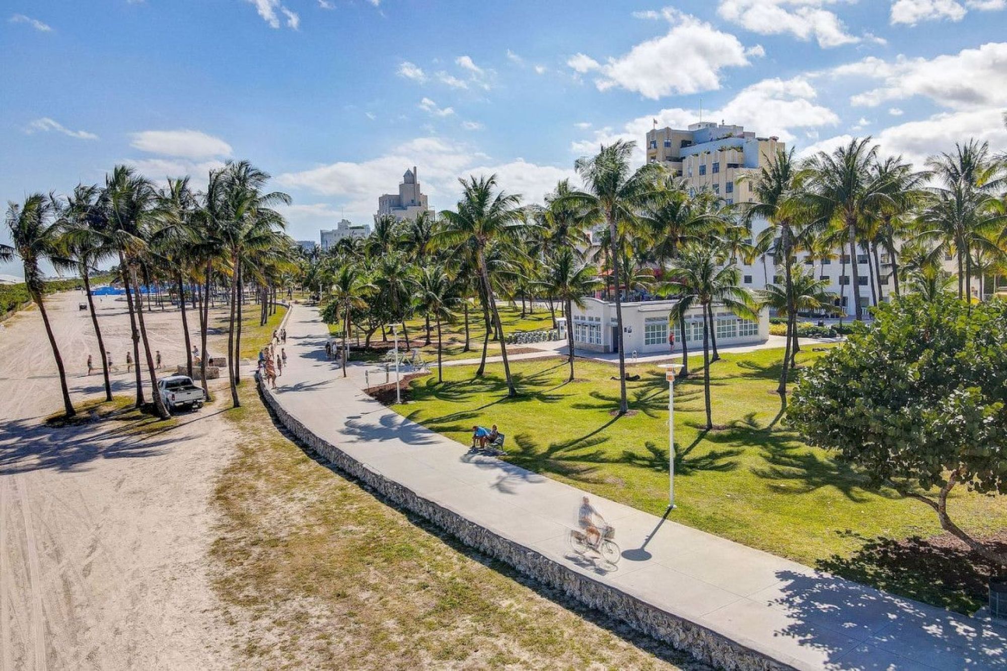 A scenic beachfront path lined with palm trees and people enjoying a sunny day near white buildings and greenery.