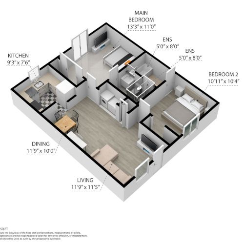 This image is a 3D floor plan showing a 2-bedroom apartment layout with dimensions labeled for each room, including kitchen and living areas.