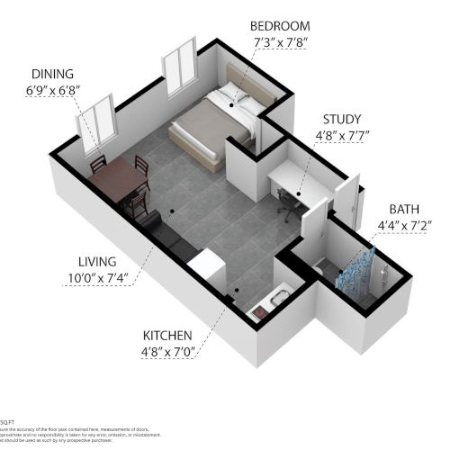 This image is a floor plan featuring a bedroom, study, bath, kitchen, living, and dining areas, with dimensions marked for each section.