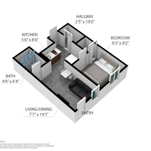 A 3D floor plan showing a kitchen, bathroom, living/dining area, bedroom, and hallway, with dimensions labeled for each space.
