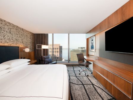 A modern hotel room with a large bed, patterned carpeting, a desk, and a flat-screen TV, featuring a window with city views.