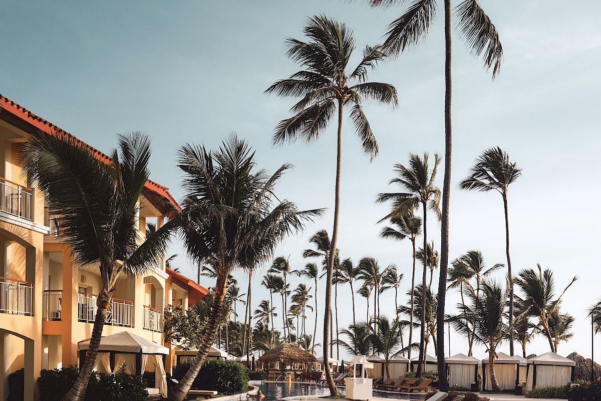 A tropical resort setting with a swimming pool, lined with lounge chairs and surrounded by palm trees, under a clear blue sky.